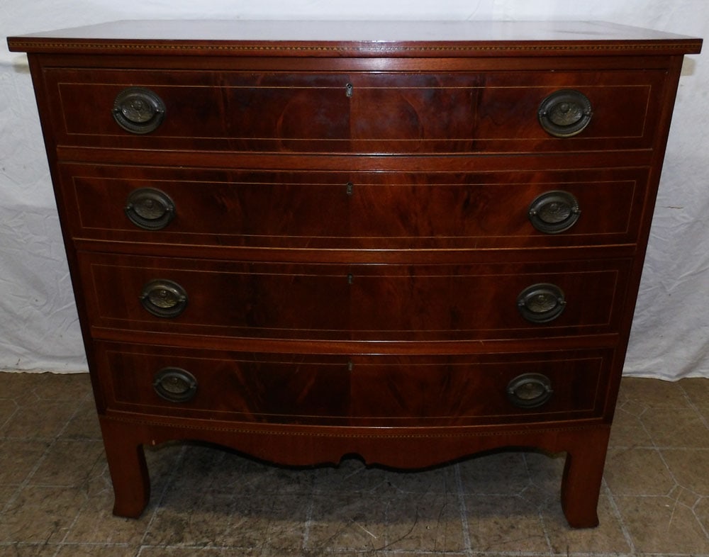 Mahogany Inlaid Bow Front Four Drawer Chest by Sloane: Mahogany Inlaid Bow Front Four Drawer Chest by Sloane . 35" H 38" W 20" D ALL DESCRIPTIONS AND ANY CONDITION STATEMENT GIVEN BY LANGSTON AUCTION GALLERY ARE STRICTLY OPINIONS AND LANGSTON'S SHALL HAVE