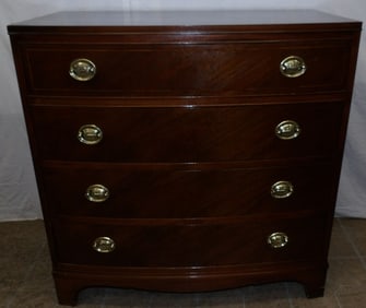 Mahogany Inlaid Bow Front Four Drawer Chest by Tomlinson