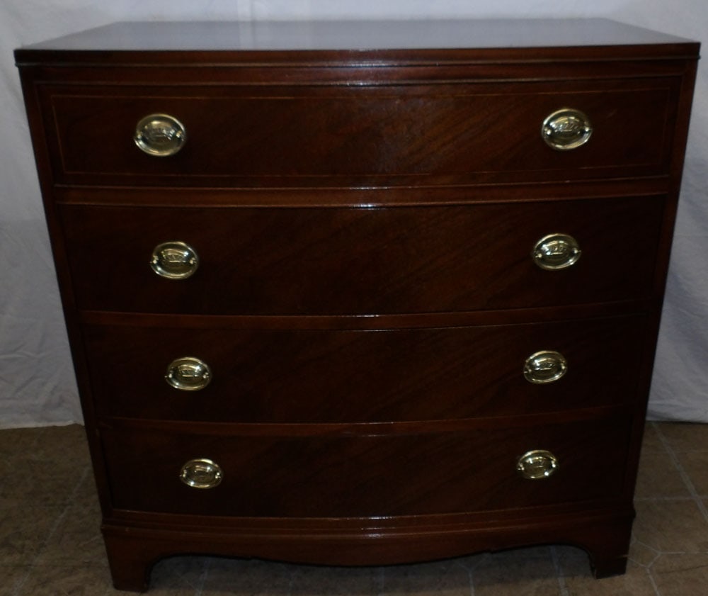 Mahogany Inlaid Bow Front Four Drawer Chest by Tomlinson: Mahogany Inlaid Bow Front Four Drawer Chest by Tomlinson . 34" H 34" W 19" D ALL DESCRIPTIONS AND ANY CONDITION STATEMENT GIVEN BY LANGSTON AUCTION GALLERY ARE STRICTLY OPINIONS AND LANGSTON'S SHALL H