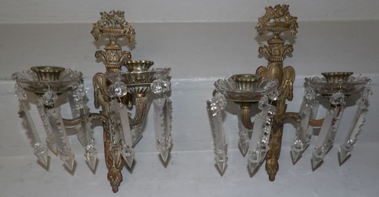 Pair of Bronze & Crystal Sconces