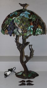 Leaded Stain Glass Tiffany Style Lamp with Bird Motif, (Metal Base & Shade As Is)