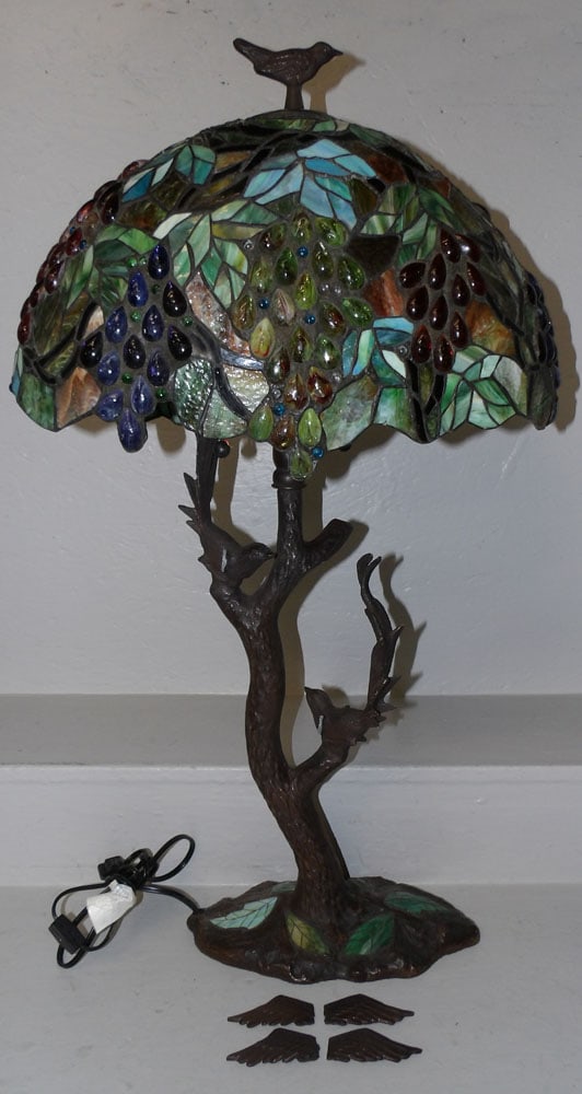 Leaded Stain Glass Tiffany Style Lamp with Bird Motif, (Metal Base & Shade As Is) (1 of 8)