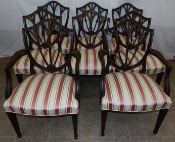 Set of Eight Mahogany Wheat Carved Shield Back Dining Chairs