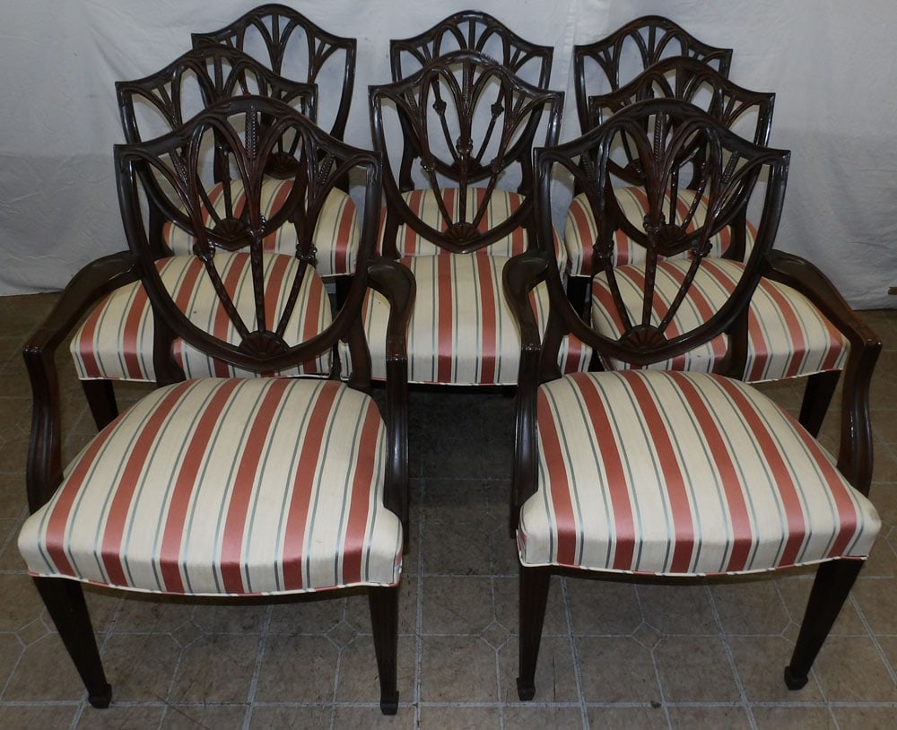 Set of Eight Mahogany Wheat Carved Shield Back Dining Chairs (1 of 8)