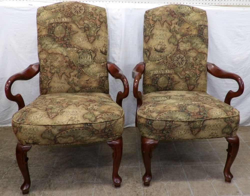 Pair of Mahogany Queen Anne Arm Chairs with Old World Upholstery: Pair of Mahogany Queen Anne Arm Chairs with Old World Upholstery . 42 3/4" H 26" W 30" D ALL DESCRIPTIONS AND ANY CONDITION STATEMENT GIVEN BY LANGSTON AUCTION GALLERY ARE STRICTLY OPINIONS AND LANGST