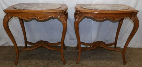 Pair of Antique Carved Walnut Marble Top French Lamp Tables