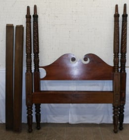 Antique Carved Mahogany Four Post Full Size Bed with Rails, (No Bolts)