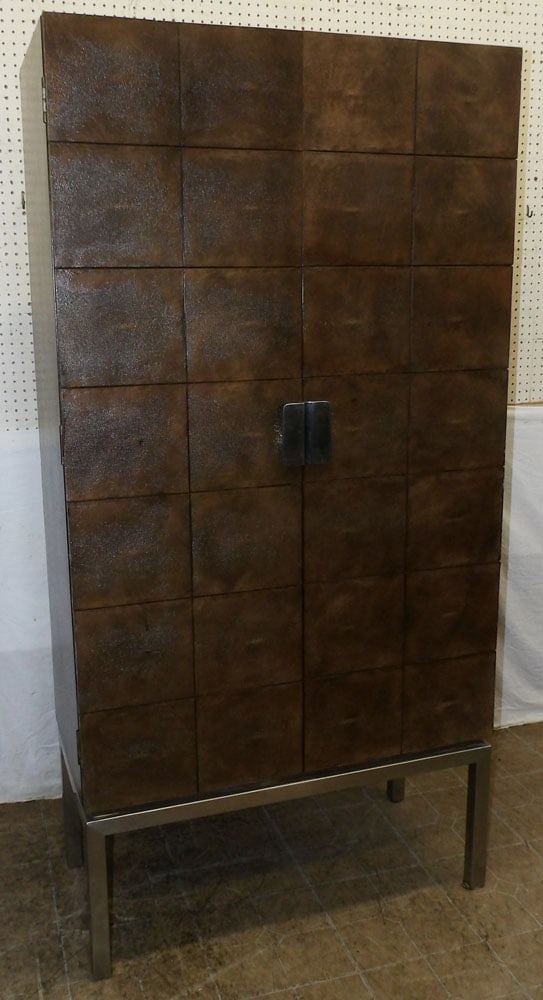 Modern Leather & Steel Bar Cabinet with Mirror Back: Modern Leather & Steel Bar Cabinet with Mirror Back . 76" H 38" W 18" D ALL DESCRIPTIONS AND ANY CONDITION STATEMENT GIVEN BY LANGSTON AUCTION GALLERY ARE STRICTLY OPINIONS AND LANGSTON'S SHALL HAVE N