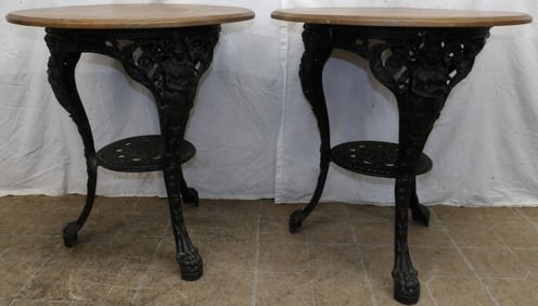 Pair of Oak & Figural Cast Iron Base Pub Tables