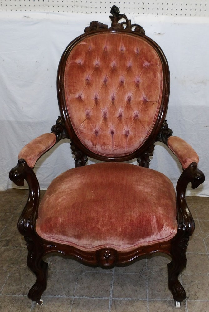 Antique Carved Walnut Victorian Arm Chair Eagle Head Arms & Woman Crest (1 of 8)