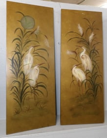 Pair of Paint Decorated Heron Wall Panels