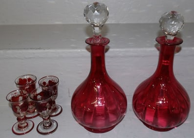 Two Cranberry Glass Decanters with Four Antique Ruby Decorated Cordials