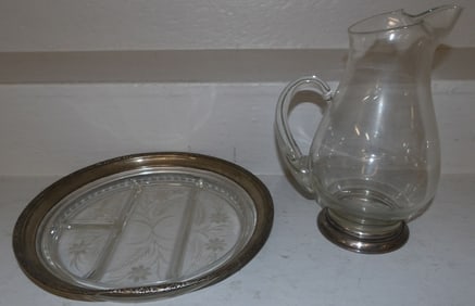 Sterling Rimmed Divided Dish & Sterling Rimmed Pitcher