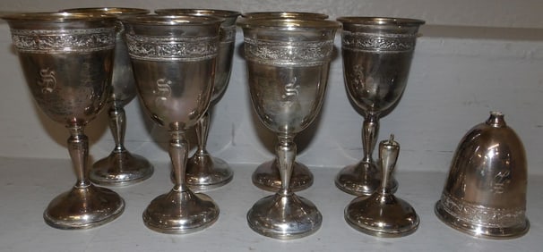 Eight Sterling Weighted Goblets, (One As Is)
