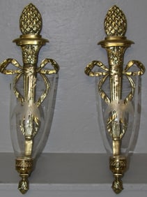 Pair of Brass & Eagle Etched Glass Shade Wall Sconces by Harvin
