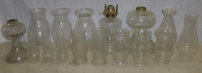 Lot of Antique Glass Oil Lamps & Hurricane Shade
