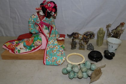Lot of Oriental Doll, Brass, & Stone Items