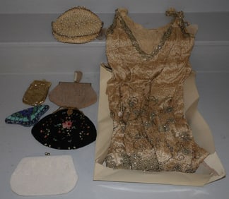 Lot of Beaded Ladies Purses, Hat, & Dress