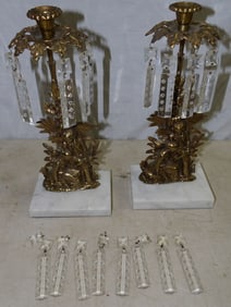 Pair of Brass & Marble Base Girandoles, (Some Prisms)