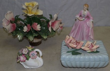 Lot of Hand Painted Porcelain Items & Capodimonte Flower Arrangement