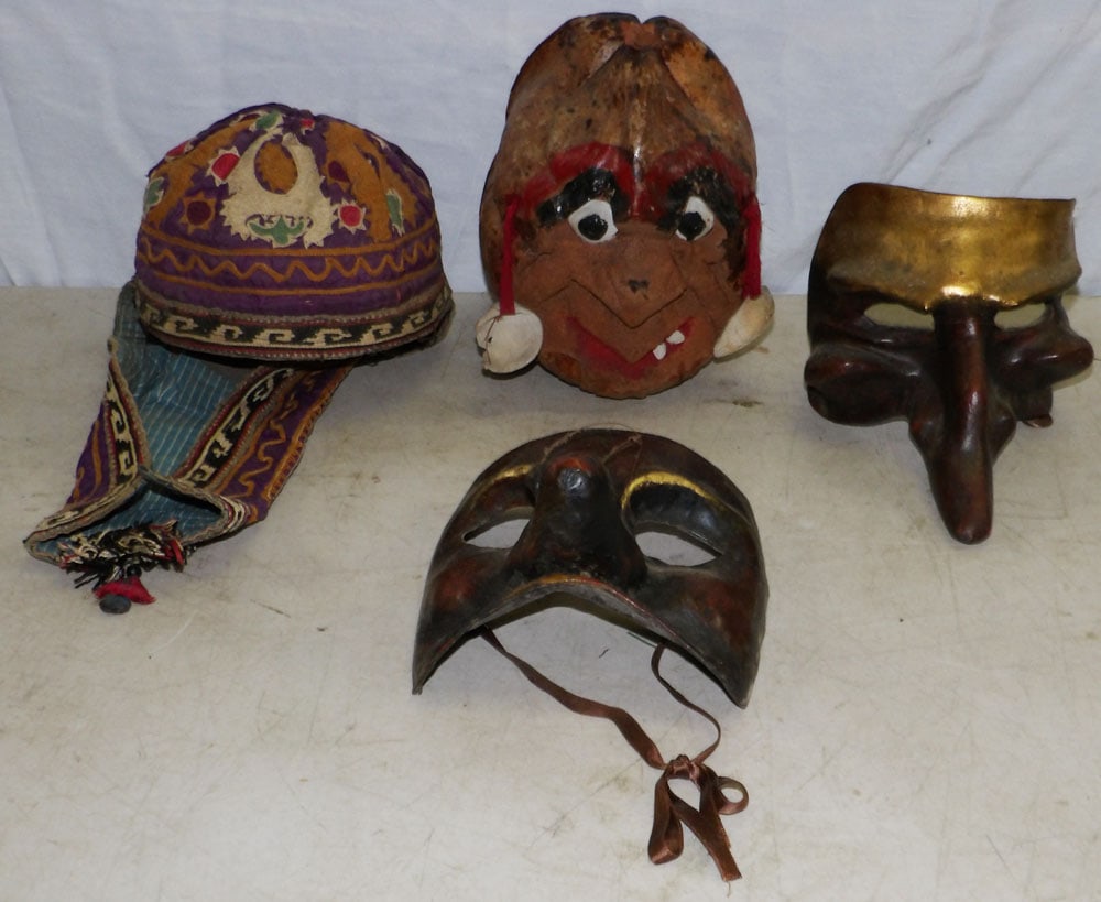 Lot of Carved Coconut, Mask, & Handmade Karakalpak Hat: Lot of Carved Coconut, Mask, & Handmade Karakalpak Hat . Up to 9" H 6" W 5" D ALL DESCRIPTIONS AND ANY CONDITION STATEMENT GIVEN BY LANGSTON AUCTION GALLERY ARE STRICTLY OPINIONS AND LANGSTON'S SHALL 