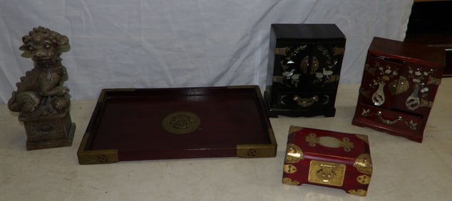 Lot of Oriental Teak Wood & Black Lacquered Boxes, Tray, & Foo Dog