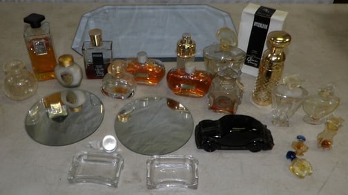 Lot of Glass Scent Bottles & Mirror Tray