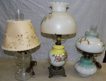 Lot of Hand Painted Glass Lamps & Oil Lamp