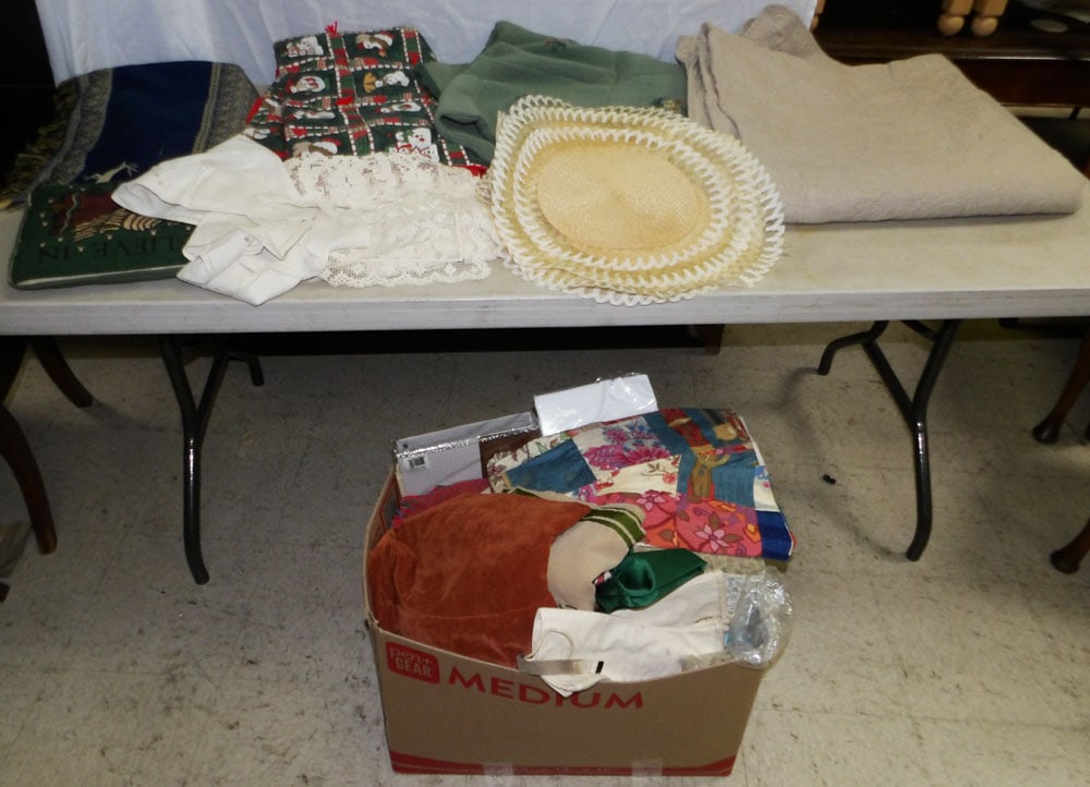 Lot of Linens: Lot of Linens . Up to 89" Dia. ALL DESCRIPTIONS AND ANY CONDITION STATEMENT GIVEN BY LANGSTON AUCTION GALLERY ARE STRICTLY OPINIONS AND LANGSTON'S SHALL HAVE NO RESPONSIBILITY FOR ERRORS OR OMISSIONS.