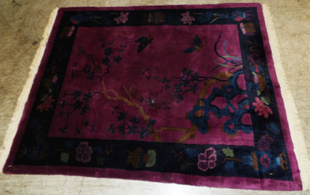 4' x 5' antique handmade Chinese rug: 4' x 5' antique handmade Chinese rug . ALL DESCRIPTIONS AND ANY CONDITION STATEMENT GIVEN BY LANGSTON AUCTION GALLERY ARE STRICTLY OPINIONS AND LANGSTON'S SHALL HAVE NO RESPONSIBILITY FOR ERRORS OR OM