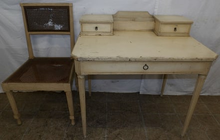painted wood ladies desk with chair, cane as is