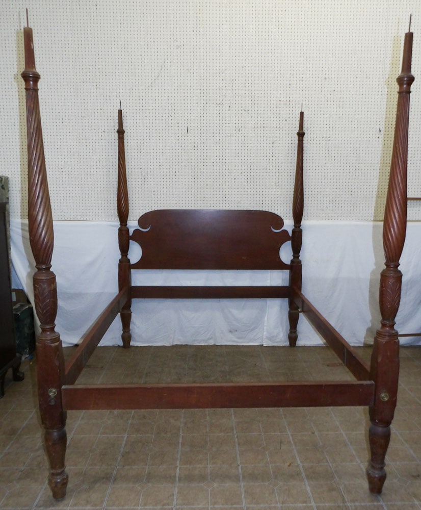 carved mahogany four post queen size bed with rails (1 of 4)