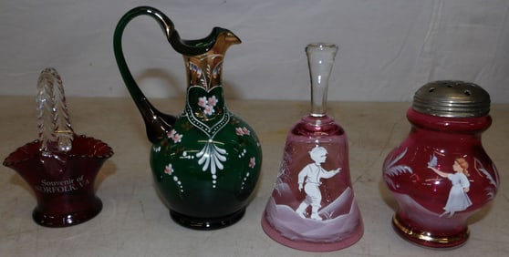 Three Pieces of Mary Gregory Enameled Glass & Ruby Basket