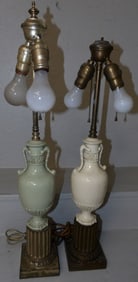pair of painted porcelain and gilded metal lamps