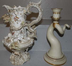 gilded porcelain candlestick and hand painted German porcelain ewer with cherub motif