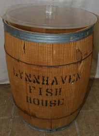 vintage wood barrel with Lucite lid