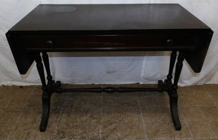 mahogany drop leaf writing table with one drawer