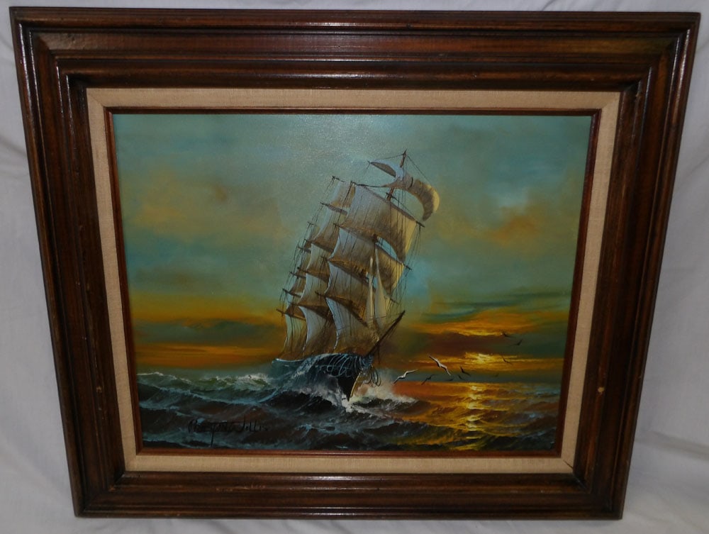 framed oil on canvas clipper ship signed by artist: framed oil on canvas clipper ship signed by artist . 24" x 27 1/2" ALL DESCRIPTIONS AND ANY CONDITION STATEMENT GIVEN BY LANGSTON AUCTION GALLERY ARE STRICTLY OPINIONS AND LANGSTON'S SHALL HAVE NO RES