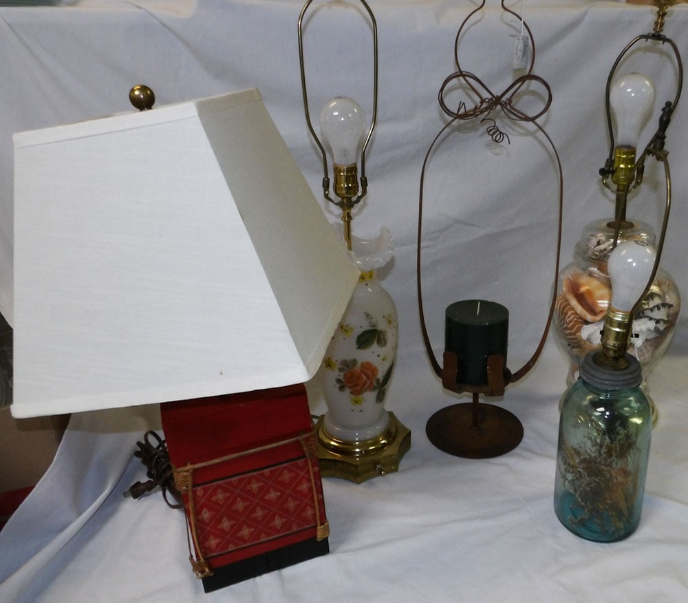 lot of glass, paint decorated, & wood lamps & metal candle holder (1 of 3)