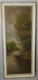 framed oil on board lake scene