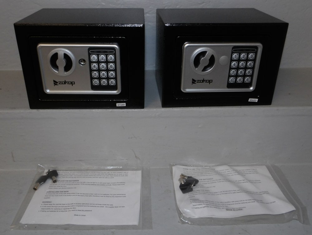 two painted metal safes by Zokop with keys (1 of 2)