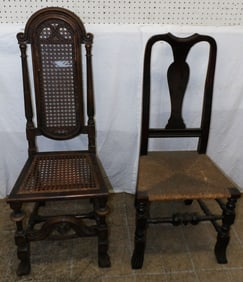 two antique walnut side chairs, one with cane seat and back