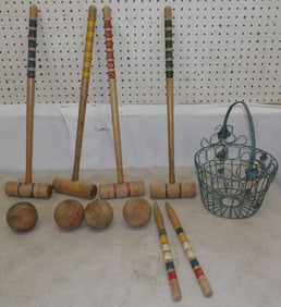 Vintage Croquet Set & Metal Basket