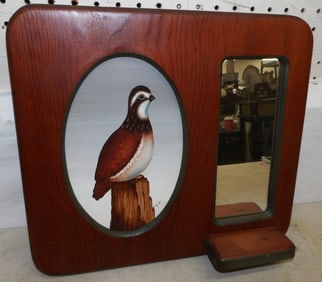 Pine Framed Dressing Mirror with Painted Quail Panel Artist Signed