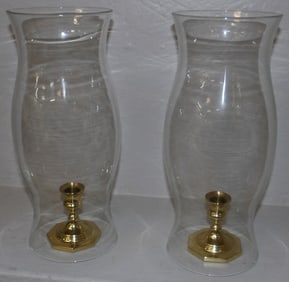 Pair of Baldwin Brass Candlesticks with Glass Hurricane Shades
