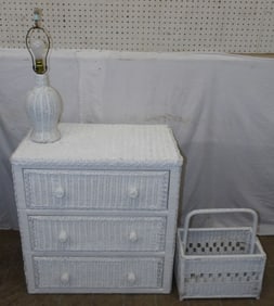 Wicker Three Drawer Chest, Magazine Stand, & Lamp