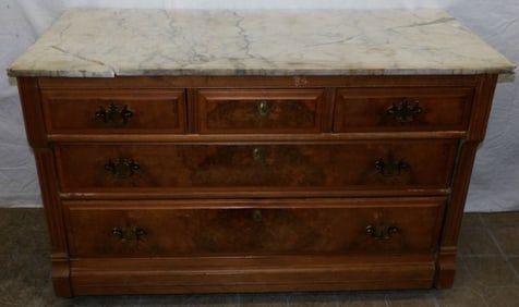Antique Walnut Victorian Marble Top Three Over Two Chest, Marble As Is