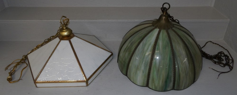 Two Slag Glass Chandeliers: Two Slag Glass Chandeliers . Up to 12" H 17 1/2" Dia. ALL DESCRIPTIONS AND ANY CONDITION STATEMENT GIVEN BY LANGSTON AUCTION GALLERY ARE STRICTLY OPINIONS AND LANGSTON'S SHALL HAVE NO RESPONSIBILITY F