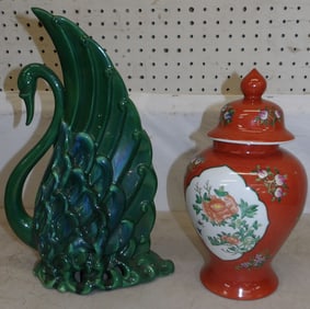 Oriental Porcelain Covered Urn & Porcelain Swan Vase