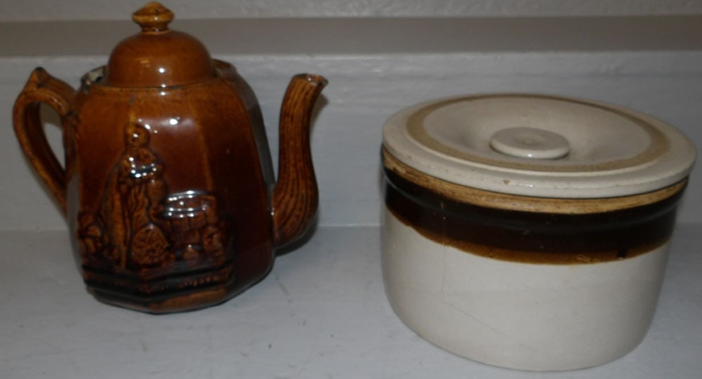 Antique Bennington Pottery Tea Pot & Stoneware Butter Crock (1 of 7)